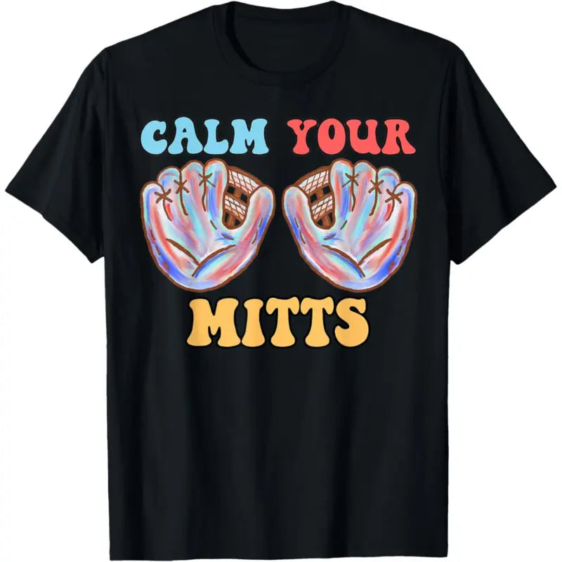Unisex Retro T-Shirt with Calm Your Mitts Graphic Print, Funny Cotton Short Sleeve Apparel for Baseball Moms and Everyday Wear