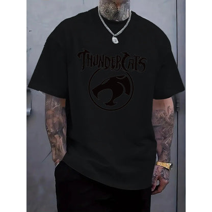 Men'S Black "ThunderCats" Graphic T-Shirt - Casual Streetwear with Roaring Cat Design, Crew Neck, Short Sleeve, Regular Fit, Perfect for Daily Wear, Casual Streetwear|Bold Graphic Tee|Stretchy Fabric