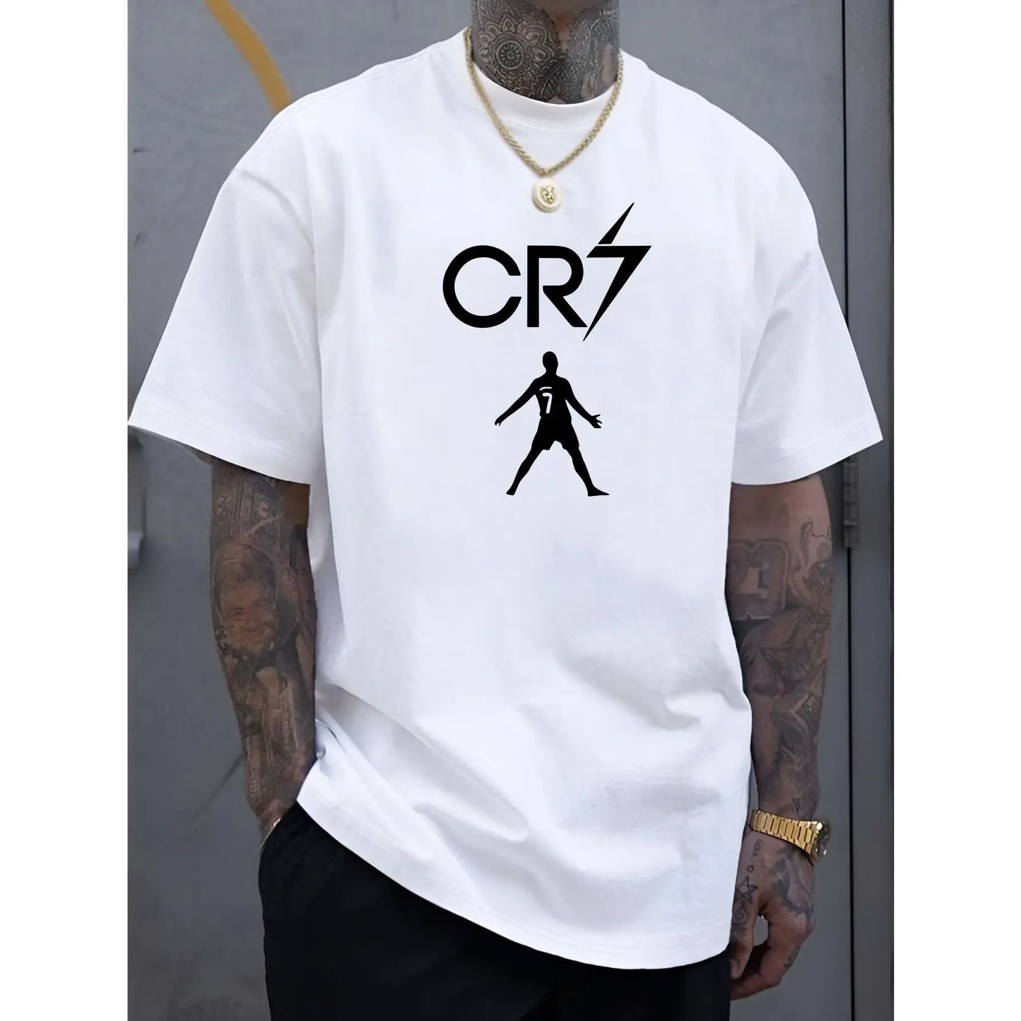 Men'S Casual Fashion Short Sleeve T-Shirt with CR7 Print, Polyester, Lightweight, Regular Fit Crew Neck, Comfortable Elastic Summer Tee, Casual Daily Style, Ideal Gif
