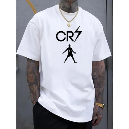 Men'S Casual Fashion Short Sleeve T-Shirt with CR7 Print, Polyester, Lightweight, Regular Fit Crew Neck, Comfortable Elastic Summer Tee, Casual Daily Style, Ideal Gif