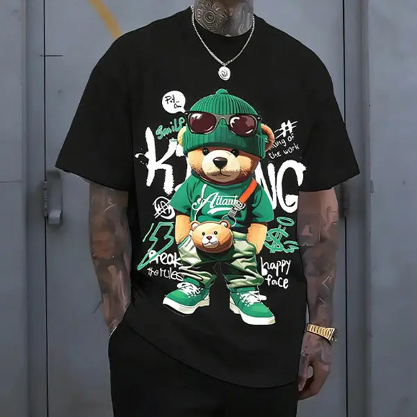Streetwear hip-hop teddy bear print men’s T-shirt, Harajuku retro casual short-sleeve top, Y2K-style loose trendy tee. tiktokshopspringglowup