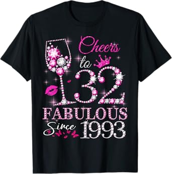 Womens Cheers to 32 Years Old EST 1993 32nd Birthday Queen T-Shirt