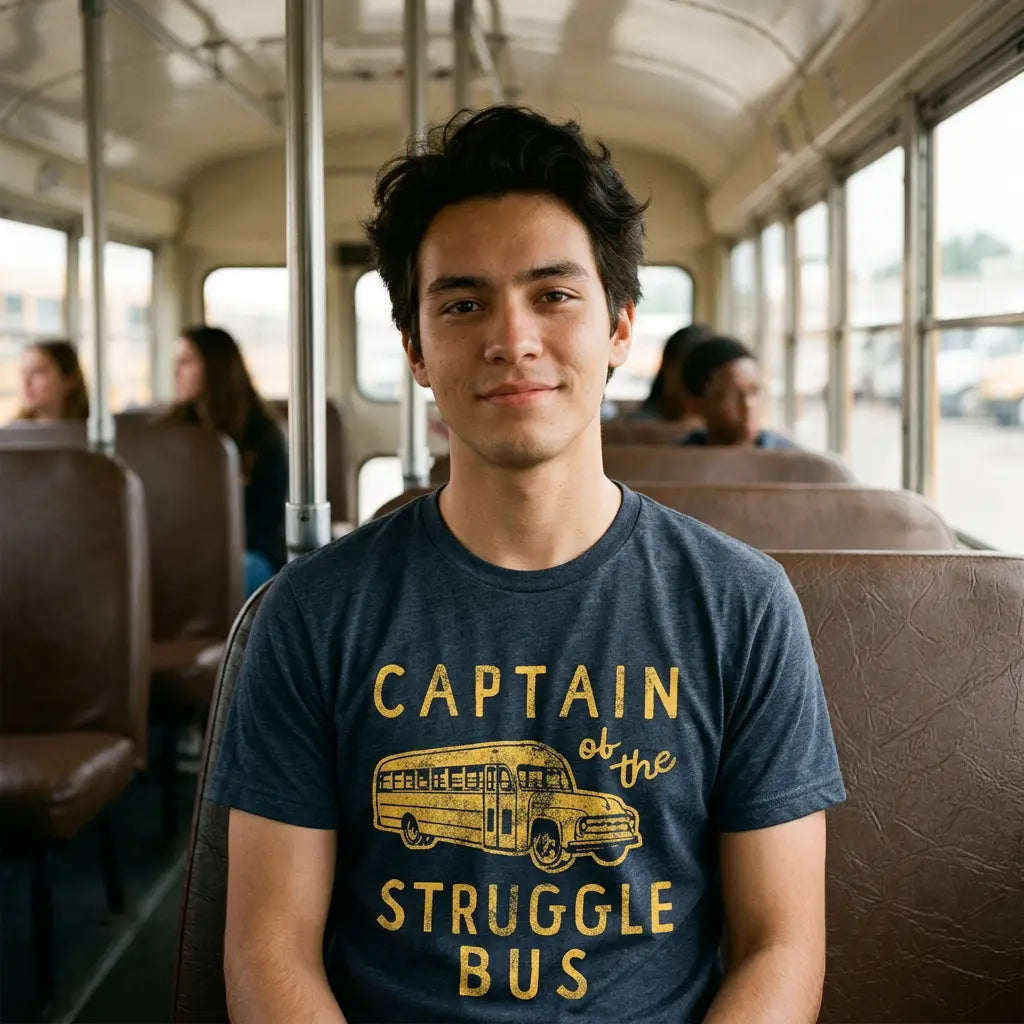 Mens Captain of The Struggle Bus T Shirt Funny Sarcastic School Bus Graphic Novelty Tee for Guys Mens Funny T Shirts Cool Vintage Fashion T-Shirt Gift Classic Menswear Funny Sarcastic Short Sleeve Novelty Tees Navy -