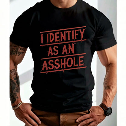 Men's Plus Size "I Identify As An" Graphic Shirt - Bold Statement Mensfashion Casual T-Shirts, Relaxed Fit Short Sleeve, Glossy Polyester Blend, Machine Washable, All-Season Comfort for Casual Attire & Gym Workouts Gym Apparel