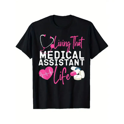 Unisex Oversized Basic Comfy Short Sleeve Medical Assistant CMA Print T-Shirt - Black, Regular Fit, Stethoscope & Heart Graphic, Machine Washable Casual Top Gift for Healthcare Professionals Crewneck Menswear