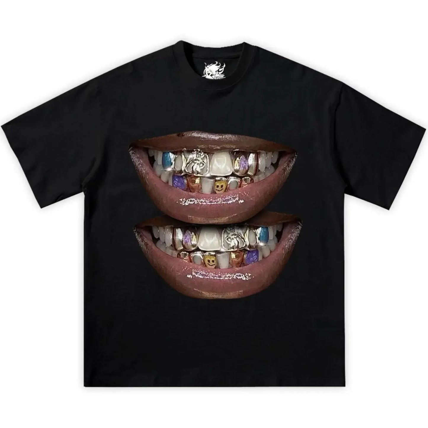 #TikTokShopRestock  Plus Size Double Blue Lips Grillz Boxy Cotton Tee Shirt Boxy Shirt Opium, y2k, fashion, streetwear, unisex, men, women, cotton, crew neck, y2k