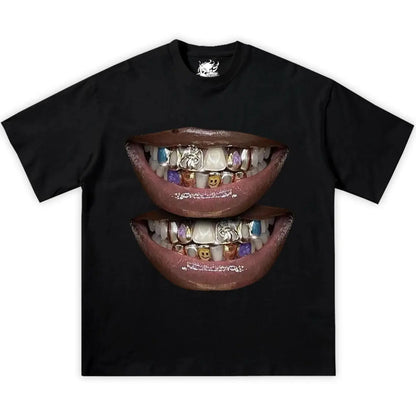 #TikTokShopRestock  Plus Size Double Blue Lips Grillz Boxy Cotton Tee Shirt Boxy Shirt Opium, y2k, fashion, streetwear, unisex, men, women, cotton, crew neck, y2k