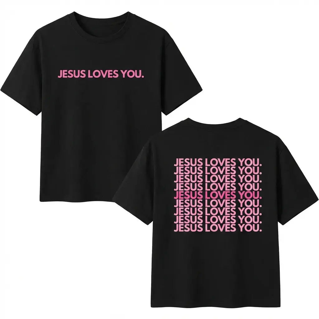 Women's Short-Sleeve 230GSM Washed T-Shirt - Round Neck, Unisex Fit, "Jesus Loves You" Funny Religious Pattern, Pink/Green Double-Sided Print, Church/Casual Tops, Machine Washable Gift, Everyday, Shortsleeve