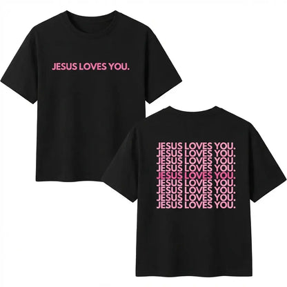 Women's Short-Sleeve 230GSM Washed T-Shirt - Round Neck, Unisex Fit, "Jesus Loves You" Funny Religious Pattern, Pink/Green Double-Sided Print, Church/Casual Tops, Machine Washable Gift, Everyday, Shortsleeve
