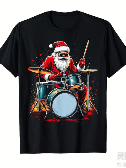 Drummer Santa Playing Drums Funny Christmas Music Lover Boys T-ShirtSame style for men and women 2025 summer short-sleeved printed T-shirt pure cotton 220G