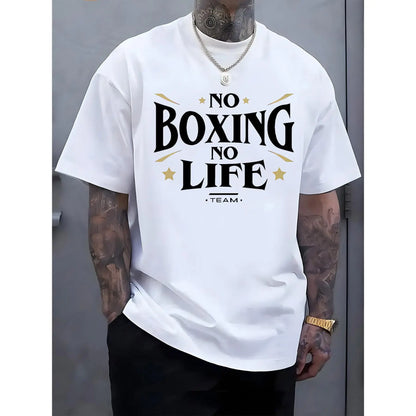 Men's Casual Short Sleeve T-Shirt with "NO BOXING NO LIFE" Graphic Print, Light Grey Regular Fit Round Neck Tee for Summer & Spring Outdoor Activities, Casual Wear, Urban Fashion, Easy Care, Printed Shirt, Streetwear Lovers, Spring Clothing, Streetwear St
