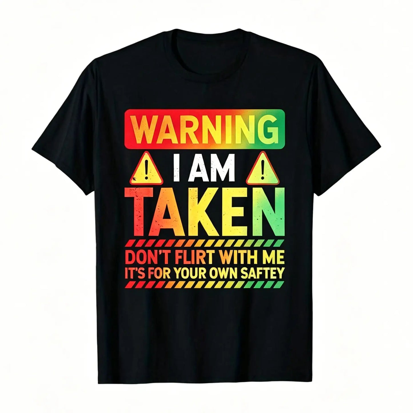 Men's Short-Sleeve Round Neck Funny Taken Husband Warning T-Shirt - Menswear - Don't Flirt with Me Graphic - Black with Red/White Caution Signs - Married Status Apparel - Regular Fit Casual - Machine Washable All-Season Top Tshirt