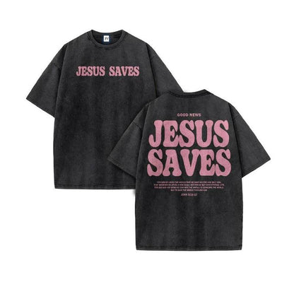 Women's Casual Christian Clothing Jesus Saves Print Acid Washed Cotton Top, Breathable Fabric Unisex Jesus T-Shirt, Shortsleeve, Tops, Layer,back to school,back to school shopping, Graphic Shirts