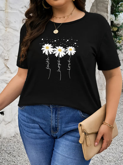 Plus Size - Plus Size - Daisy Print Plus Size Black Women'S T-Shirt