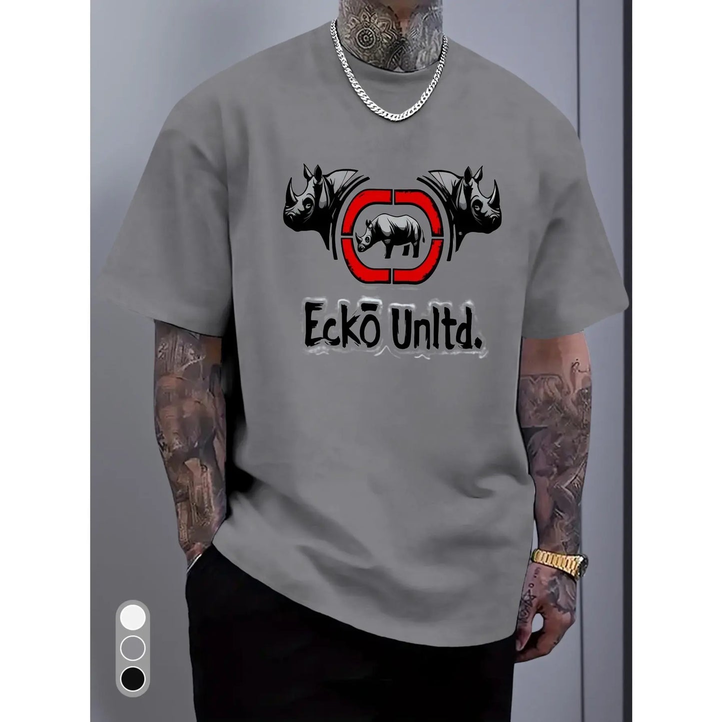 White Rhino Graphic & Ecko Unlimited Text Crew Neck T-Shirt - Bold Black Rhino Head Print, Regular Fit Casual Gym & Everyday Shirt, Durable Comfortable Soft Unisex Top for Training, Autumn & Summer Season, Adult Apparel (Ecko Unlimited Design) with Vibran