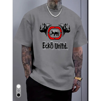 White Rhino Graphic & Ecko Unlimited Text Crew Neck T-Shirt - Bold Black Rhino Head Print, Regular Fit Casual Gym & Everyday Shirt, Durable Comfortable Soft Unisex Top for Training, Autumn & Summer Season, Adult Apparel (Ecko Unlimited Design) with Vibran