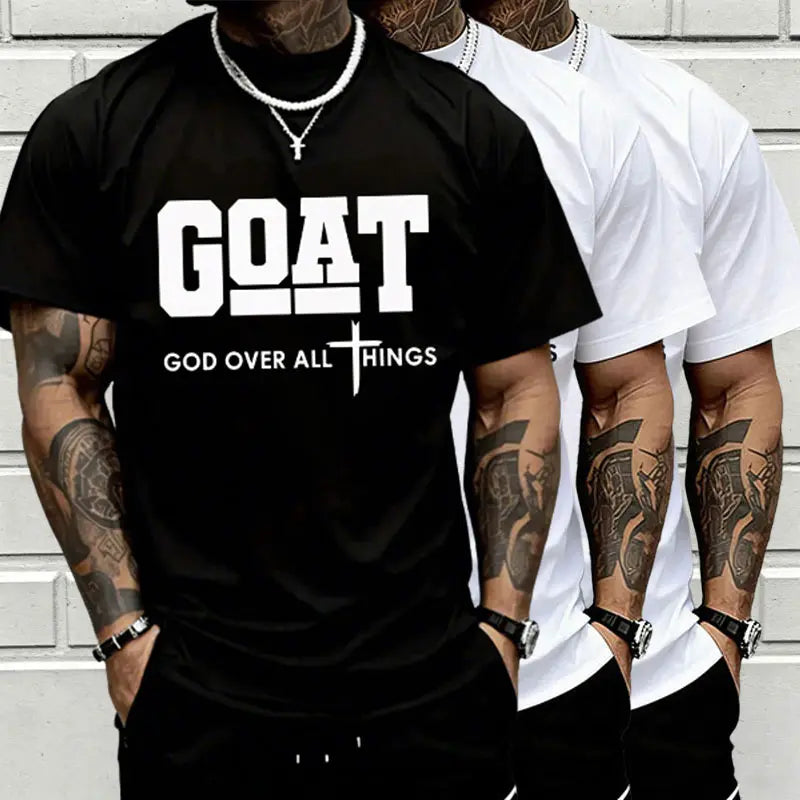 “God Over All” graphic T-shirt for men, 100%25 cotton, breathable loose streetwear short sleeve, urban faith style casual tee for everyday outdoor wear — trendy Christian casual top, short sleeve, menswear, T-shirt, crew neck, TikTok Shop Spring Glow Up.,