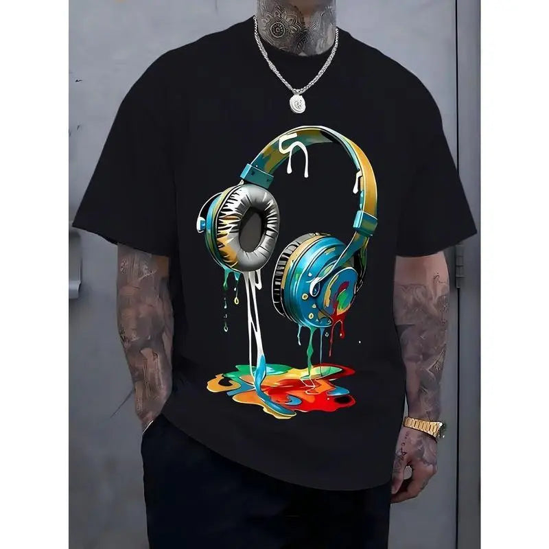 Men's Navy Blue Graphic Tee with Vibrant Headphone Print - 180g Thick Cotton, Casual & Trendy, Short Sleeve Crew Neck T-Shirt, Machine Washable for Summer Fashion, Street Fashion Tee| Graphic Print Shirt| Durable Casualwear