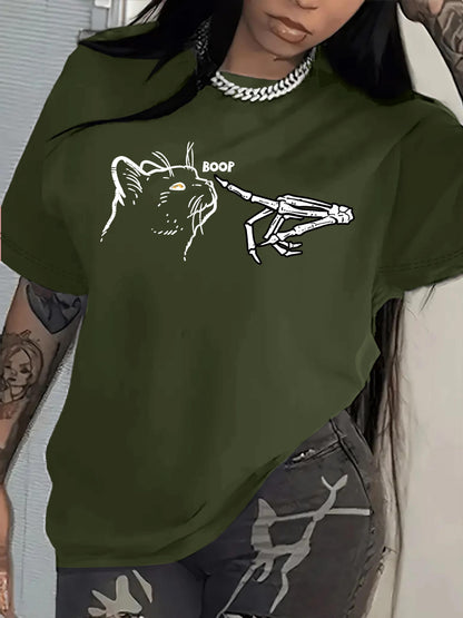 T-Shirt with a Cat And Skeleton Hand Design, Short-Sleeved Casual Round Neck Top, Spring And Summer Women'S Clothing