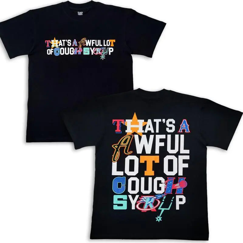Bold Letter Mosaic Graphic Tee – Oversized Black T-Shirt with 'That’s a Awful Lot of Cough Syrup’ Patchwork Typography and Playful Icon Motifs, Unisex Streetwear Statement Tee for Fashion funny shirt shirts men