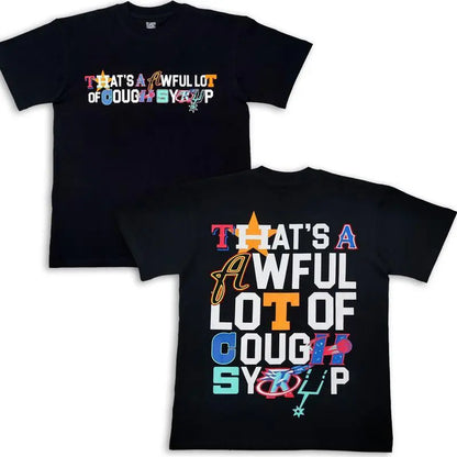 Bold Letter Mosaic Graphic Tee – Oversized Black T-Shirt with 'That’s a Awful Lot of Cough Syrup’ Patchwork Typography and Playful Icon Motifs, Unisex Streetwear Statement Tee for Fashion funny shirt shirts men