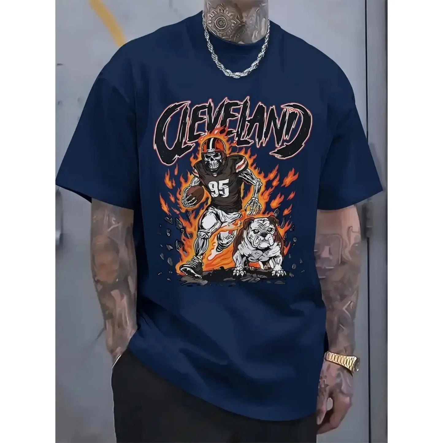 Men's Cleveland Football Graphic T-Shirt - 100%25 Cotton Regular Fit Short Sleeve Tee with Bold Flame Print, All-Season Casual Wear & Classic Holiday Gift for Sports Fans