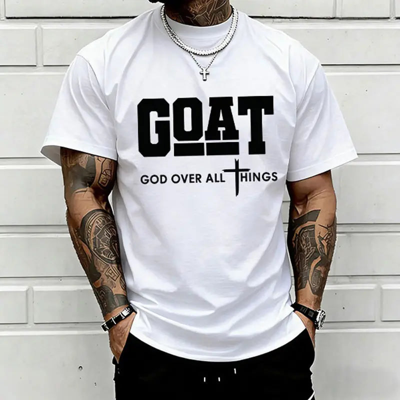 “God Over All” graphic T-shirt for men, 100%25 cotton, breathable loose streetwear short sleeve, urban faith style casual tee for everyday outdoor wear — trendy Christian casual top, short sleeve, menswear, T-shirt, crew neck, TikTok Shop Spring Glow Up.,