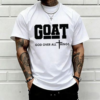 “God Over All” graphic T-shirt for men, 100%25 cotton, breathable loose streetwear short sleeve, urban faith style casual tee for everyday outdoor wear — trendy Christian casual top, short sleeve, menswear, T-shirt, crew neck, TikTok Shop Spring Glow Up.,