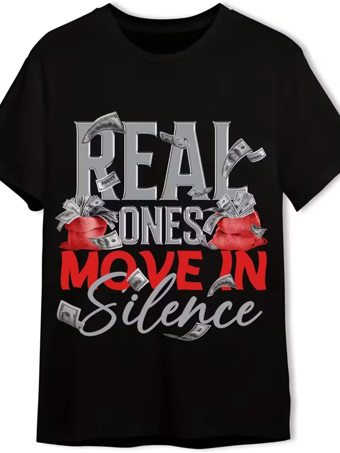 Men'S 100%25 T-Shirt, Eye-Catching Coin Print And "Real Men Don'T Argue" Slogan - Red Dollar Sign Design, Loose Casual Short-Sleeved Round Neck Breathable T-Shirt, Suitable for Casual Wear, Comfortable in for All Seasons, Ideal Gift for Men