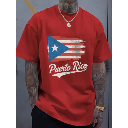 100%25 Single-Sided Crew Neck T-shirt | Distressed Puerto Rican Flag with Puerto Rico Text in White Cursive Font, Multicolor, Casual Outfit, Perfect for Festival Gift Giving