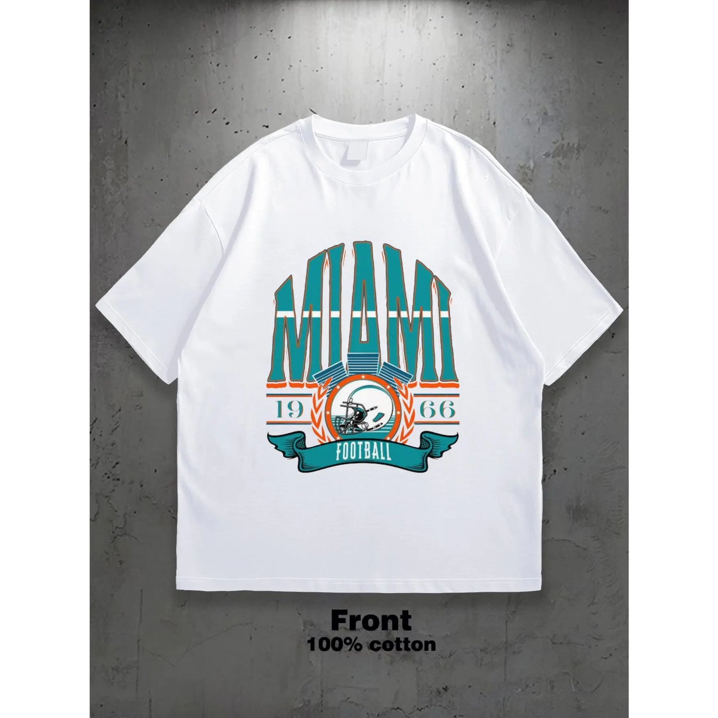 Men's Miami Football Team Graphic T-Shirt - Beige with Teal & Orange Accents, Heavyweight 100%25 Cotton Crewneck Shirt for Gym, Training, Casual Outfits - Perfect Miami Sports Fan Gift, Training Apparel, Bold Print Design, Comfortable Fit, Short Sleeve Te