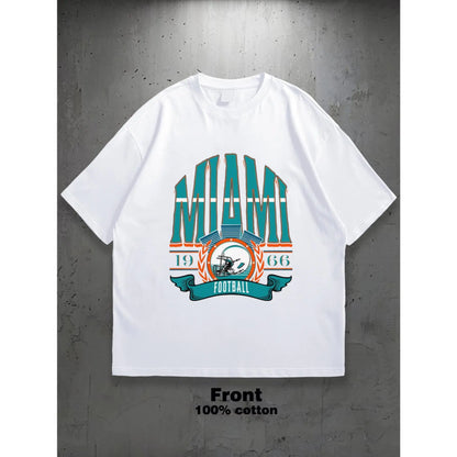 Men's Miami Football Team Graphic T-Shirt - Beige with Teal & Orange Accents, Heavyweight 100%25 Cotton Crewneck Shirt for Gym, Training, Casual Outfits - Perfect Miami Sports Fan Gift, Training Apparel, Bold Print Design, Comfortable Fit, Short Sleeve Te