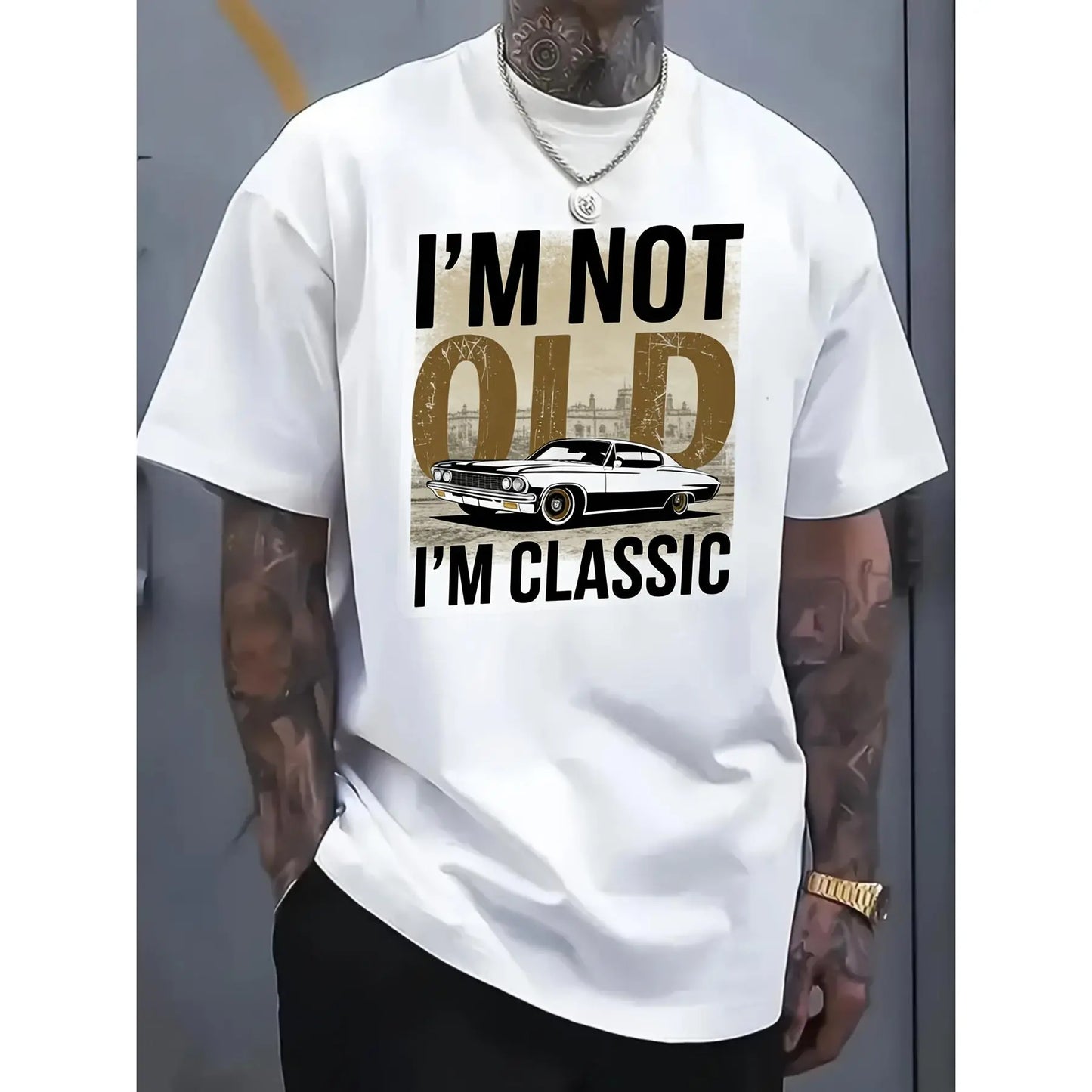 (I'm not old) + (I'm a classic) retro-inspired plus-size men's T-shirt, American classic retro-themed T-shirt, a fun T-shirt with a touch of self-deprecating humor and retro charm