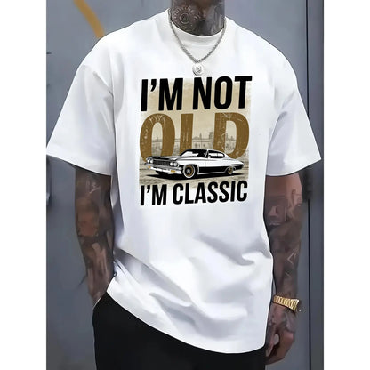 (I'm not old) + (I'm a classic) retro-inspired plus-size men's T-shirt, American classic retro-themed T-shirt, a fun T-shirt with a touch of self-deprecating humor and retro charm
