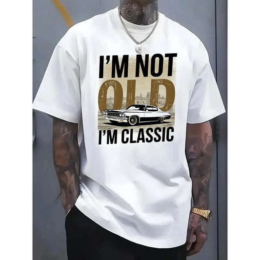 (I'm not old) + (I'm a classic) retro-inspired plus-size men's T-shirt, American classic retro-themed T-shirt, a fun T-shirt with a touch of self-deprecating humor and retro charm