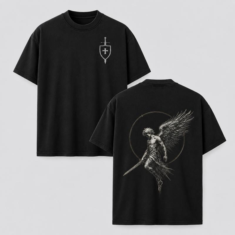 Men's Acid Washed Grunge Cotton Top - Crew Neck Graphic Tee with Sanctus Michael Archangel Print, Flaming Sword, Shield, Scales of Justice - Christian Religious Apparel for Halloween, New Year