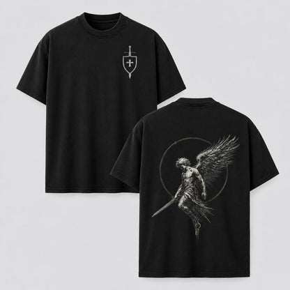 Men's Acid Washed Grunge Cotton Top - Crew Neck Graphic Tee with Sanctus Michael Archangel Print, Flaming Sword, Shield, Scales of Justice - Christian Religious Apparel for Halloween, New Year