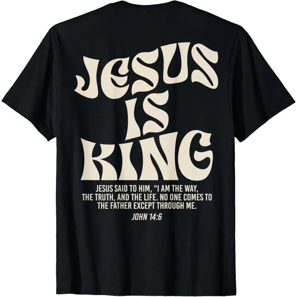 [100%25 Cotton] Jesus Is King Bible Verse John 14:6 Christian (on front)God Religious T-Shirt for adult kids boy graphic Tees shirts funny vintage fashion Short Sleeve tops vacation outfits clothing