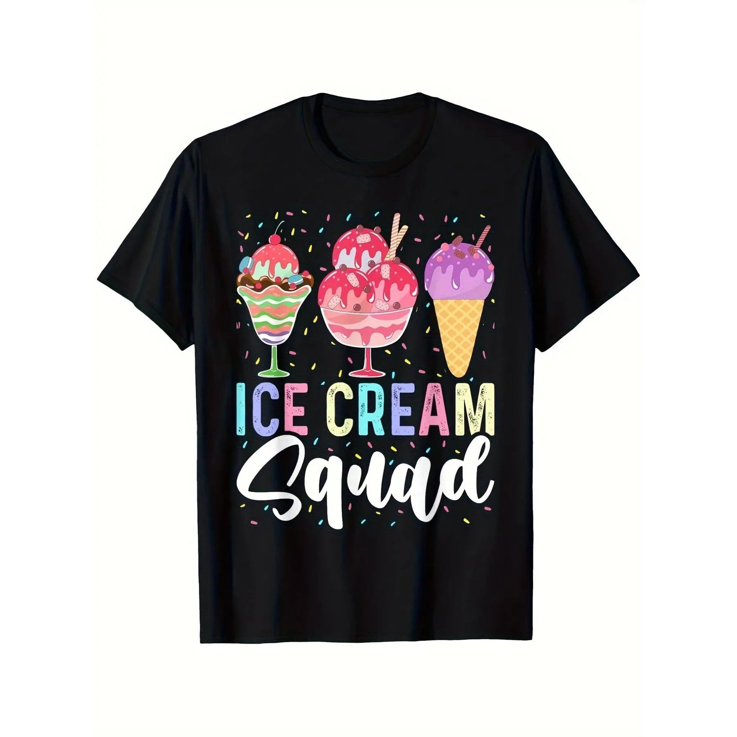 Colorful Ice Cream Squad T T Shirt Fun Black Tee Featuring Vibrant Ice Cream Treats and Bold Text Design Perfect for Ice Cream Lovers Summer Casual Wear Great Gift for Friends and Team Events Breathable Sweat Wicking and Soft Suitable for Daily