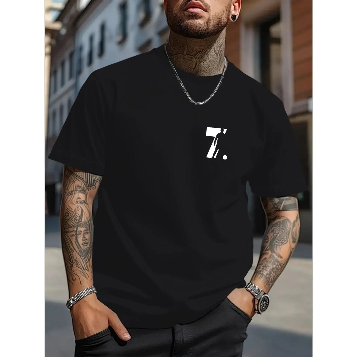 Men'S Casual CR7 Graphic T-Shirt - 100%25 Polyester, Lightweight , Regular Fit Crew Neck, Machine Washable, Ideal for Sports and Casual Wear