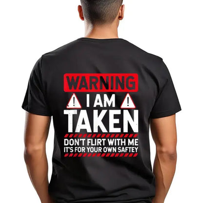 Men's Short-Sleeve Round Neck Funny Taken Husband Warning T-Shirt - Menswear - Don't Flirt with Me Graphic - Black with Red/White Caution Signs - Married Status Apparel - Regular Fit Casual - Machine Washable All-Season Top Tshirt