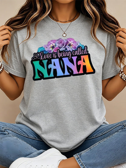 [Summer] New Retro Distressed Short-sleeved T-shirt American Floral Gradient NANA Print Women's Top Loose Drop Shoulder Round Neck Oversized Style Fashionable Commuting Y2K Women