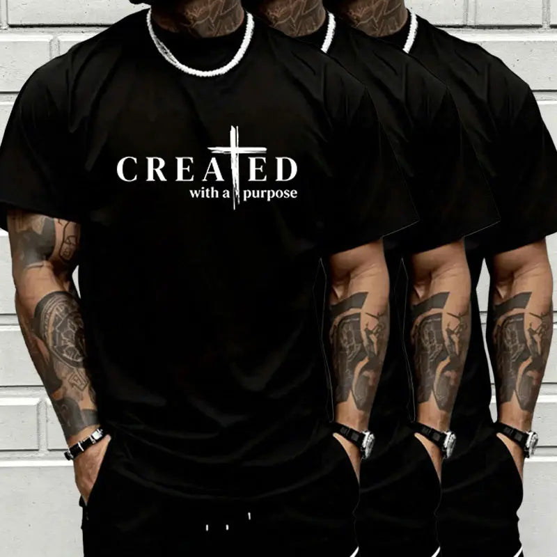 Men’s “Created with a Purpose” Christian graphic T-shirt, cross faith quote print tee, casual crew neck, perfect for church outfits, faith wear, and streetwear.,summerwins,father'sdaygifts