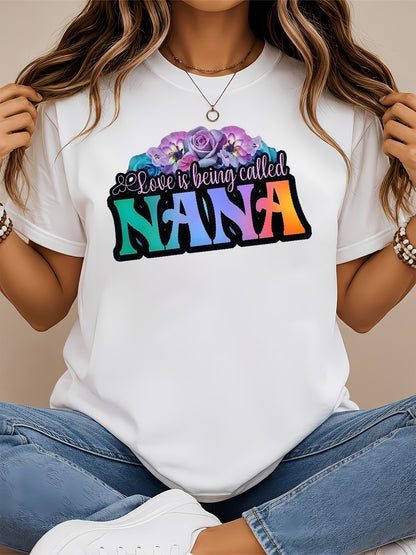[Summer] New Retro Distressed Short-sleeved T-shirt American Floral Gradient NANA Print Women's Top Loose Drop Shoulder Round Neck Oversized Style Fashionable Commuting Y2K Women