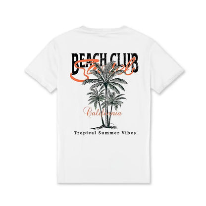 [Summer T-Shirt] Summer Breathable Men's Short Sleeve T-Shirt |   Tropical Palm Tree & Beach Graphic Print, Loose Fit Casual Round Neck, Machine Washable Outdoor Beachwear