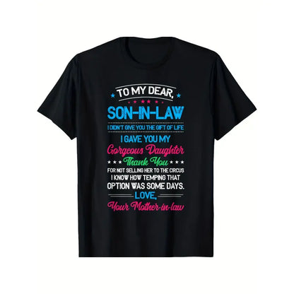 Menswear Oversized Short-Sleeve T-Shirt - Funny Son-in-Law Gift, "I Didn't Give You the Gift of Life" Graphic Top, Black with Blue & Pink Print, All-Season Comfort, Machine-Washable Casual Round Neck, Father's Day/Wedding Present