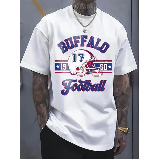 Men's Vintage Buffalo Football Graphic T-Shirt - 100%25 Cotton Loose Fit Streetwear Tee with Retro 19 & 50 Numbers, Short Sleeve Round Neck Casual Shirt for Sports Fans & Casual Attire, Sports Fan Apparel | Sporty Design | Durable Print