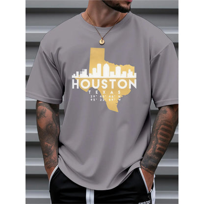 Men's Houston Texas Cityscape Graphic T-Shirt - 100%25 Cotton Loose Fit Casual Tee with Skyline & Texas Outline Print, Breathable Summer Shirt for Travel, Outdoor & Daily Wear - Machine Washable Gift Idea, Pure Cotton Shirt