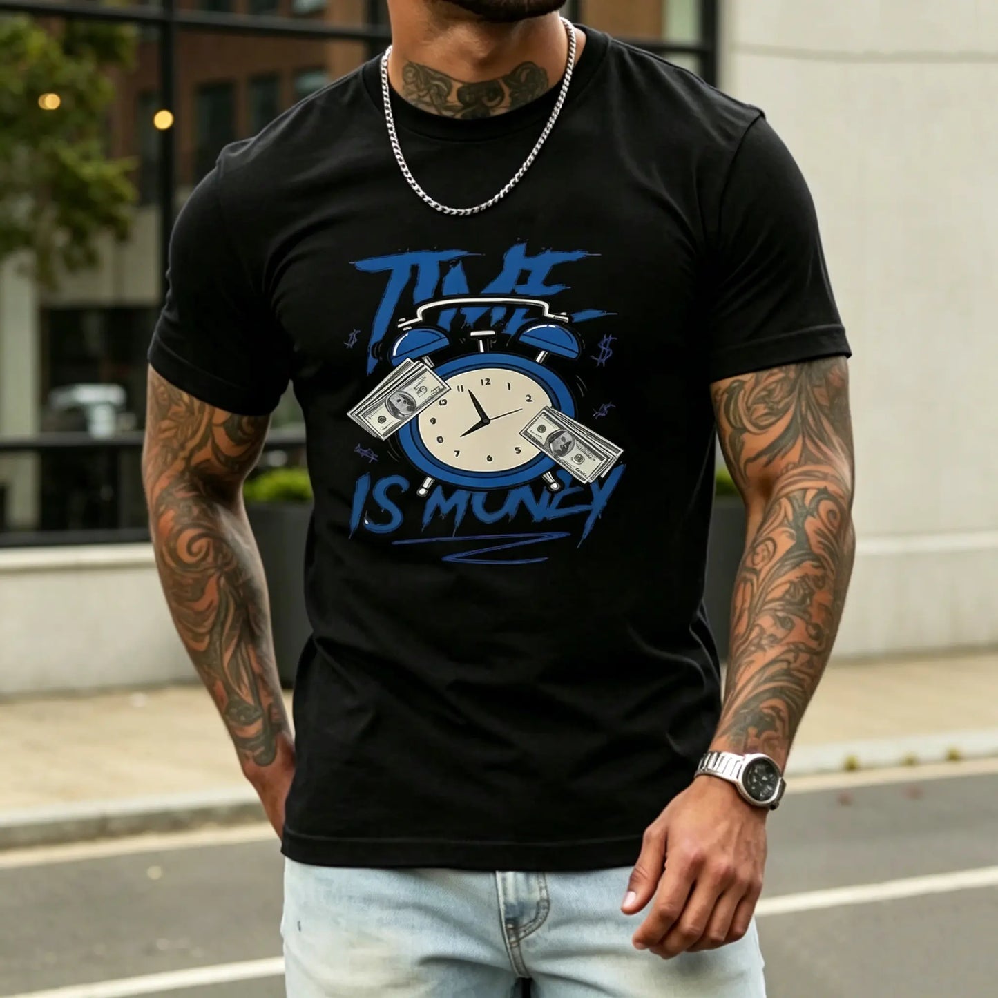 Men's "Time Is Money" Graphic T-Shirt, Blue Clock & Cash Print Casual Tee, Hip Hop Streetwear Top For Men