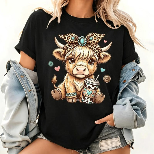 [Graphic Tee]Highland Cow Shirt, Leopard Bow Coffee Graphic Tee, Cute Farm Animal Country T-Shirt